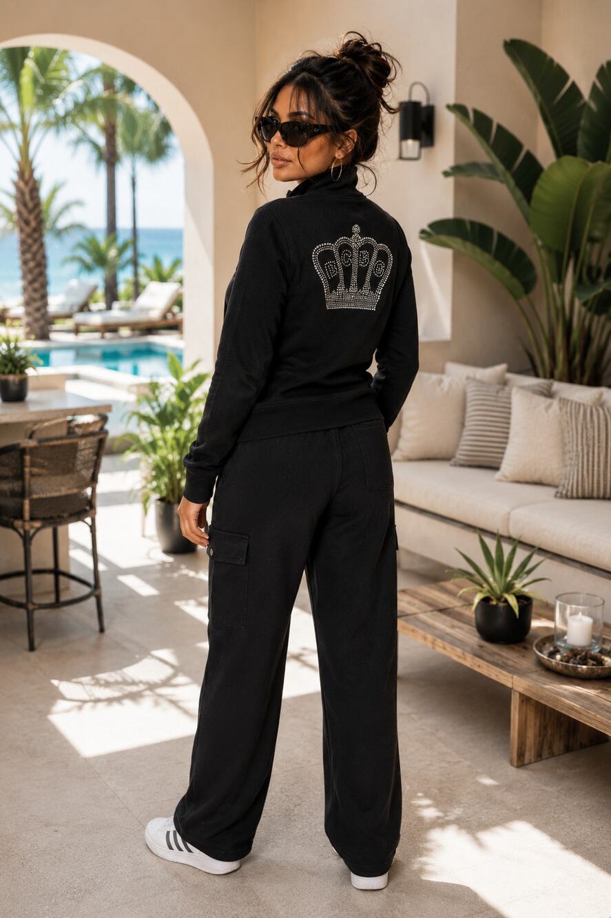 BCBGMAXAZRIA Rhinestone Crown Jacket Black Zip Sweatshirt Cotton Stretch M